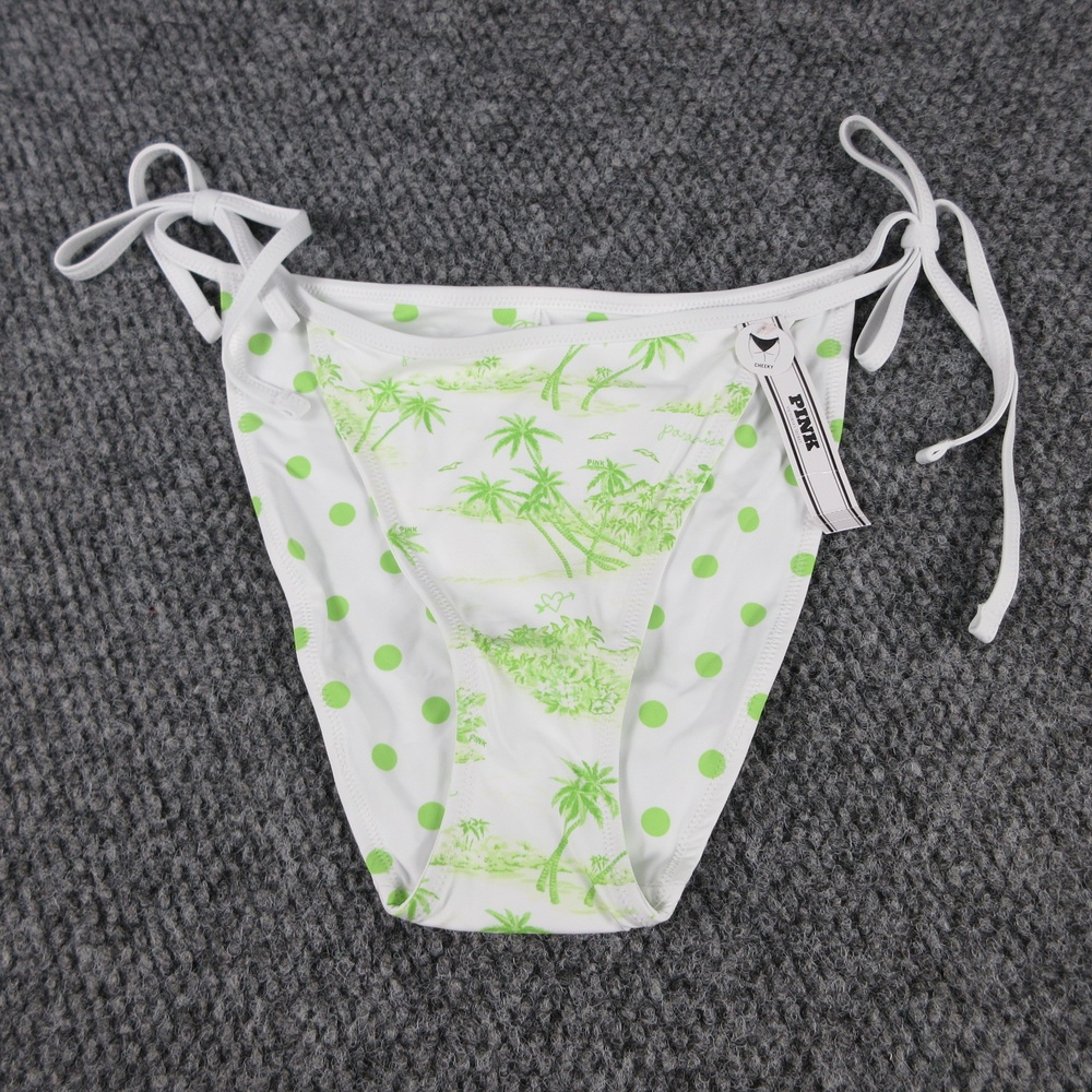 PINK Bikini Womens L White Neon Green Polka Palm Cheeky Tie Side Lined NWT